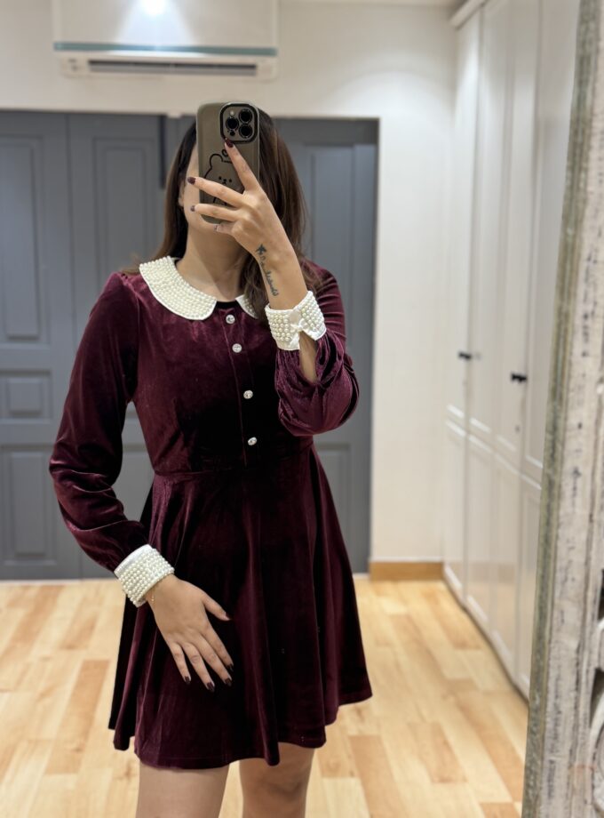 Pearl Embellished Velvet Dress