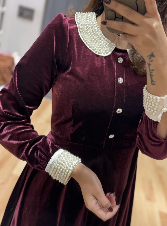 Pearl Embellished Velvet Dress