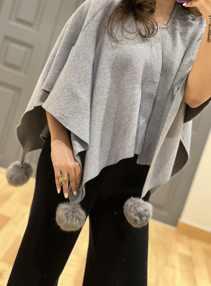 Poncho With Faux furr pompoms