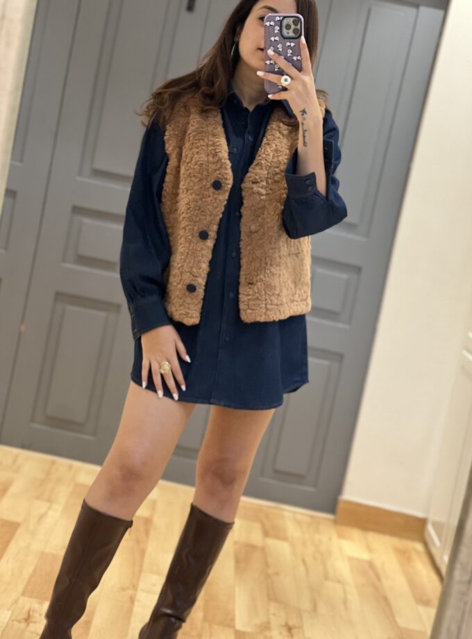 Denim Long Shirt And Faux Fur Jacket Coord set