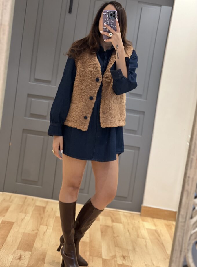 Denim Long Shirt And Faux Fur Jacket Coord set