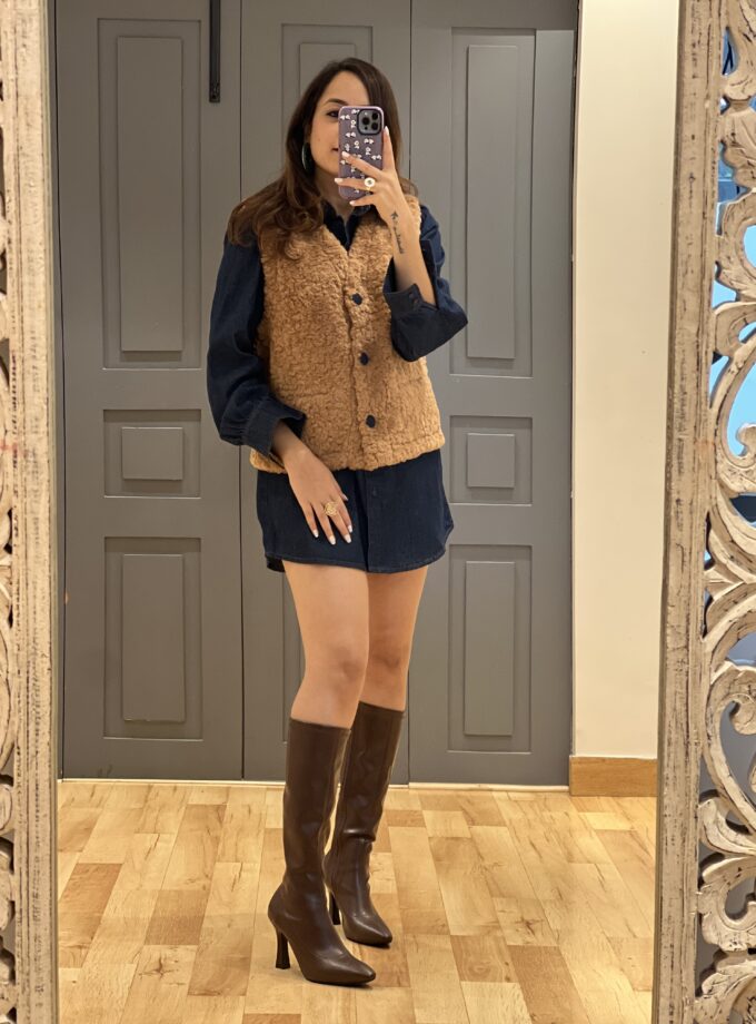 Denim Long Shirt And Faux Fur Jacket Coord set
