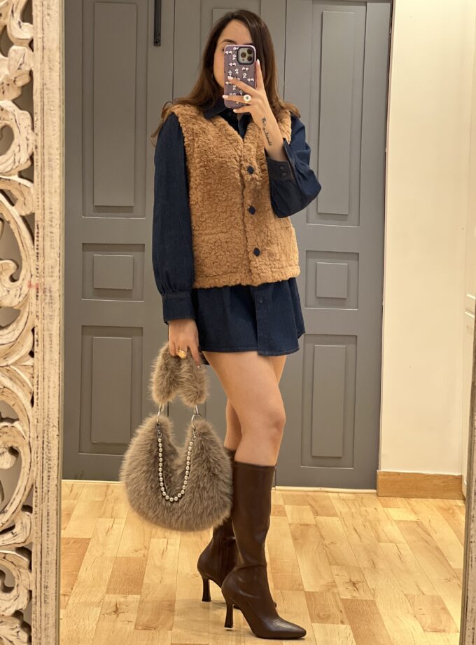 Denim Long Shirt And Faux Fur Jacket Coord set