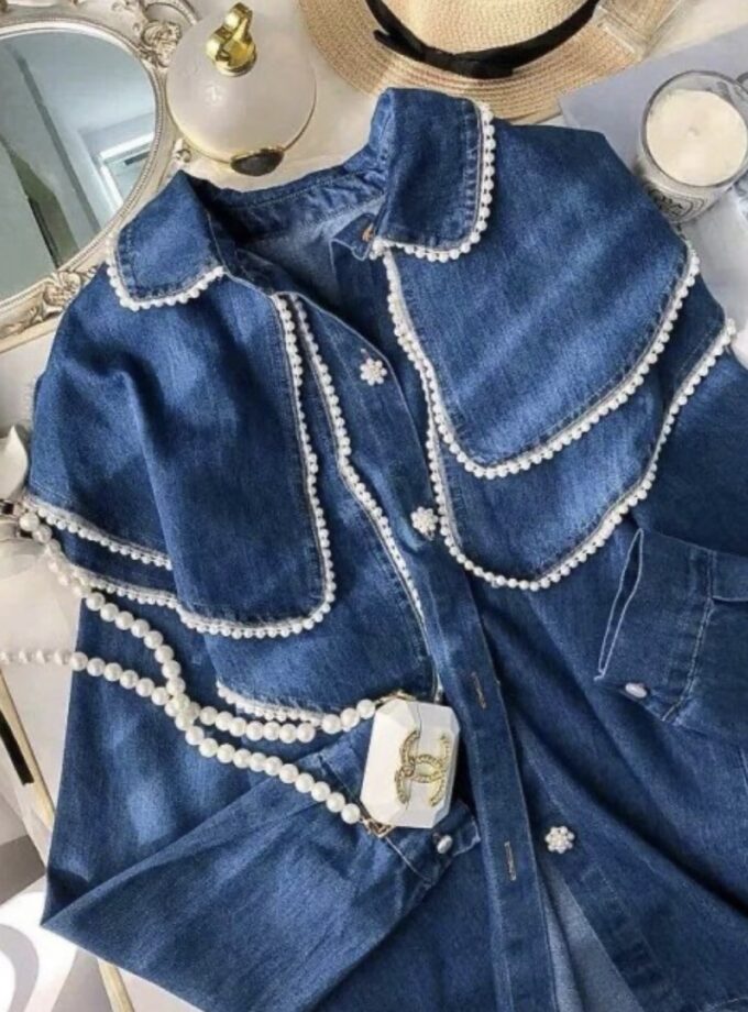 French Style Doll Collar Denim shirt with pearls