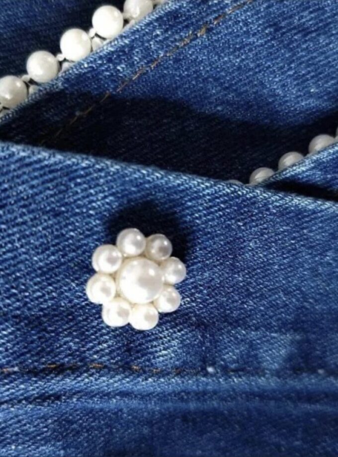 French Style Doll Collar Denim shirt with pearls