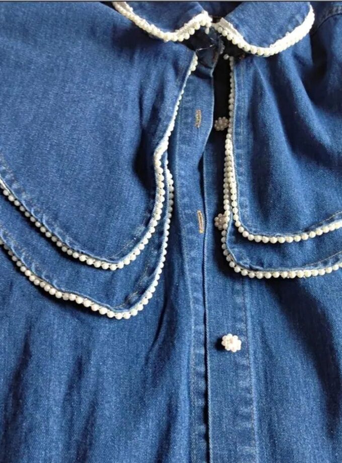 French Style Doll Collar Denim shirt with pearls