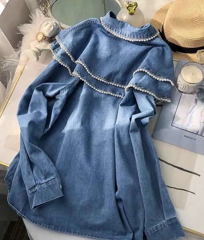 French Style Doll Collar Denim shirt with pearls