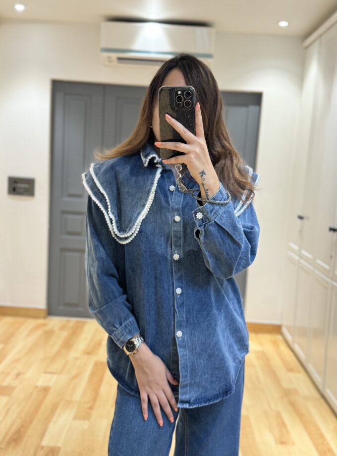 French Style Doll Collar Denim shirt with pearls