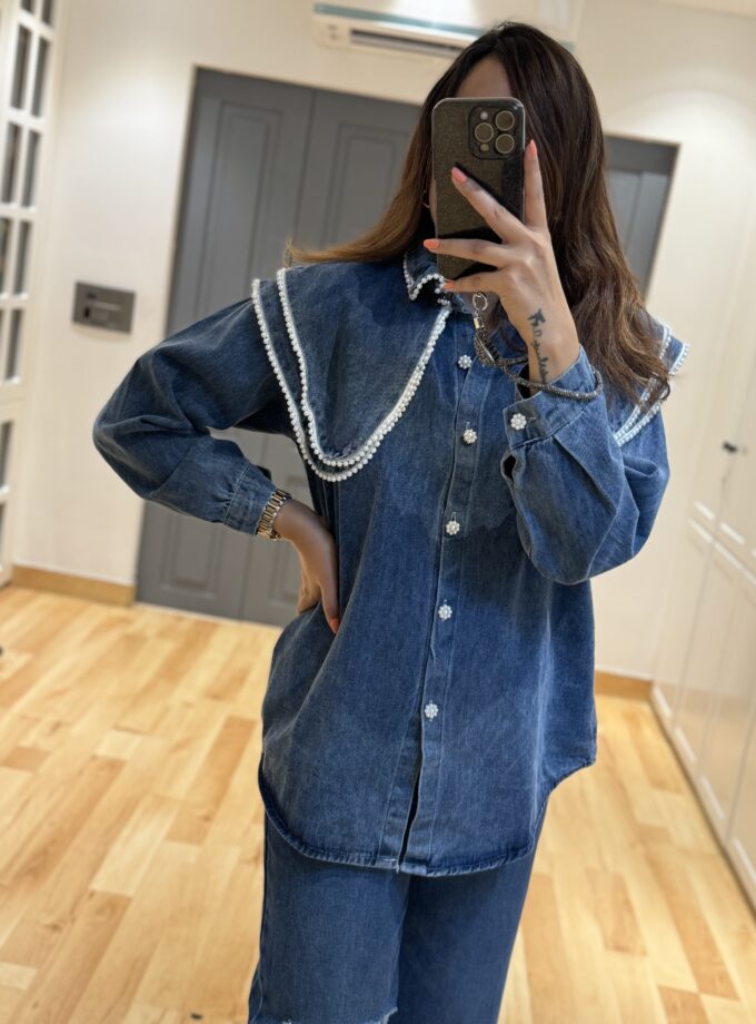 French Style Doll Collar Denim shirt with pearls