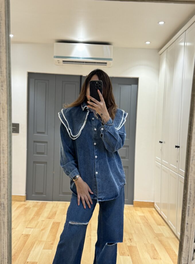 French Style Doll Collar Denim shirt with pearls