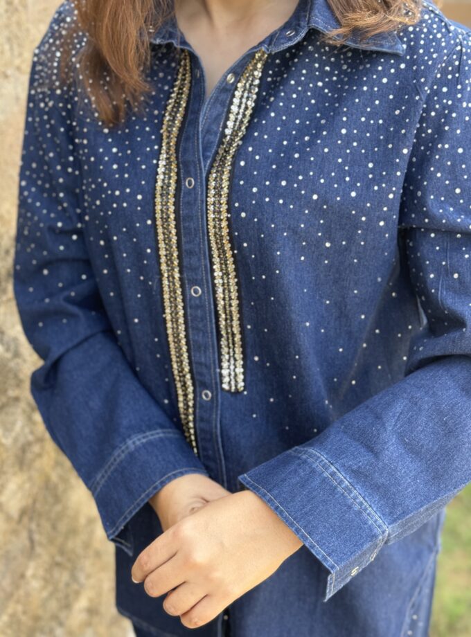 Sequin Denim Shirt And Pant Coord Set
