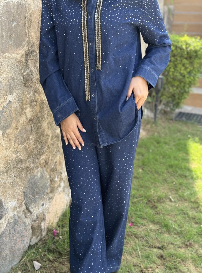 Sequin Denim Shirt And Pant Coord Set