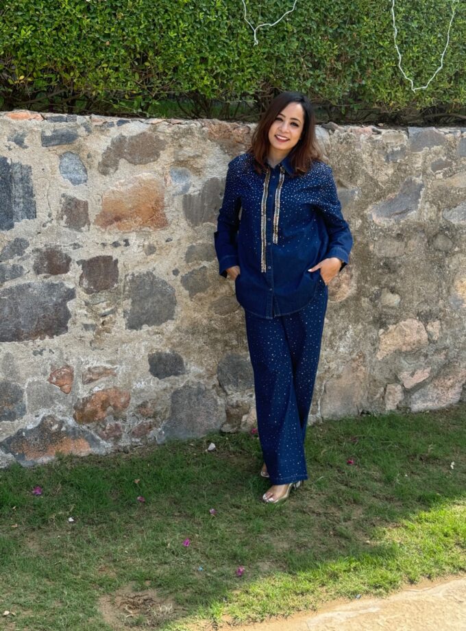 Sequin Denim Shirt And Pant Coord Set
