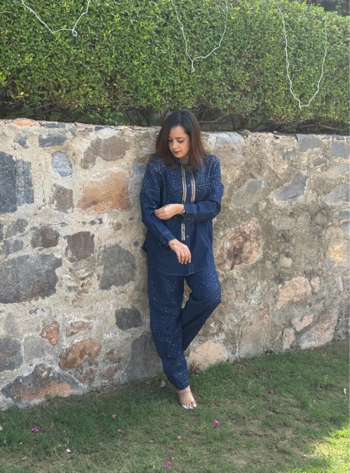 Sequin Denim Shirt And Pant Coord Set
