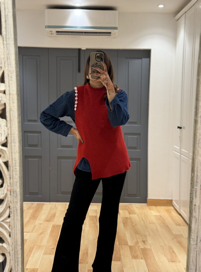 Denim Shirt With Embellished Pullover With Brooch