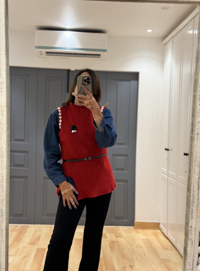 Denim Shirt With Embellished Pullover With Brooch
