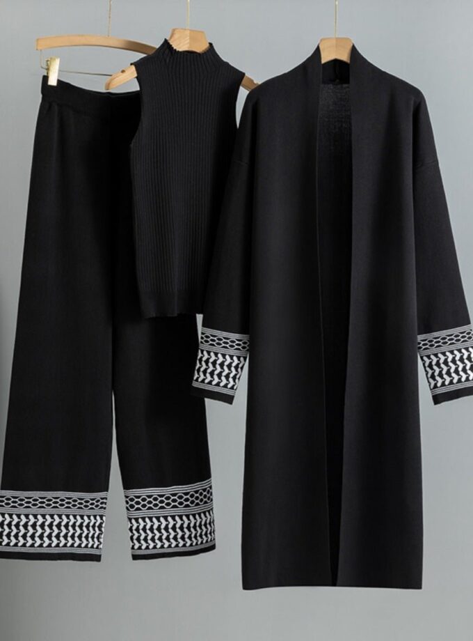 Bloop Geometric Trim Knit 3 Piece Coord Set : warm pants, top , and long coat coord set