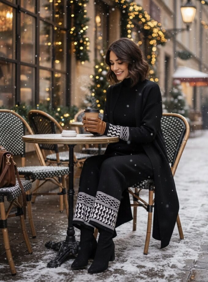 Bloop Geometric Trim Knit 3 Piece Coord Set : warm pants, top , and long coat coord set