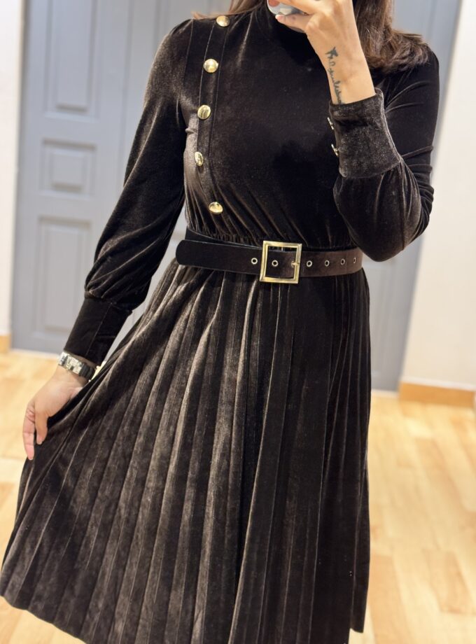 Velvet Pleated Dress With Belt