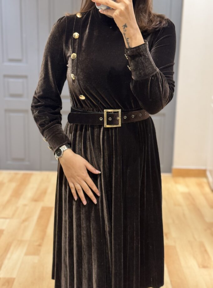 Velvet Pleated Dress With Belt