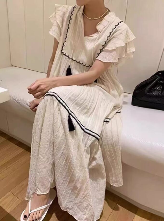 Ruffled Cap Sleeve Maxi Dress With Tussle Neck Ties