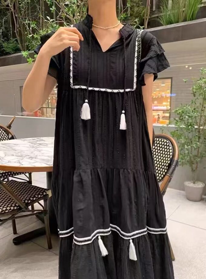 Ruffled Cap Sleeve Maxi Dress With Tussle Neck Ties