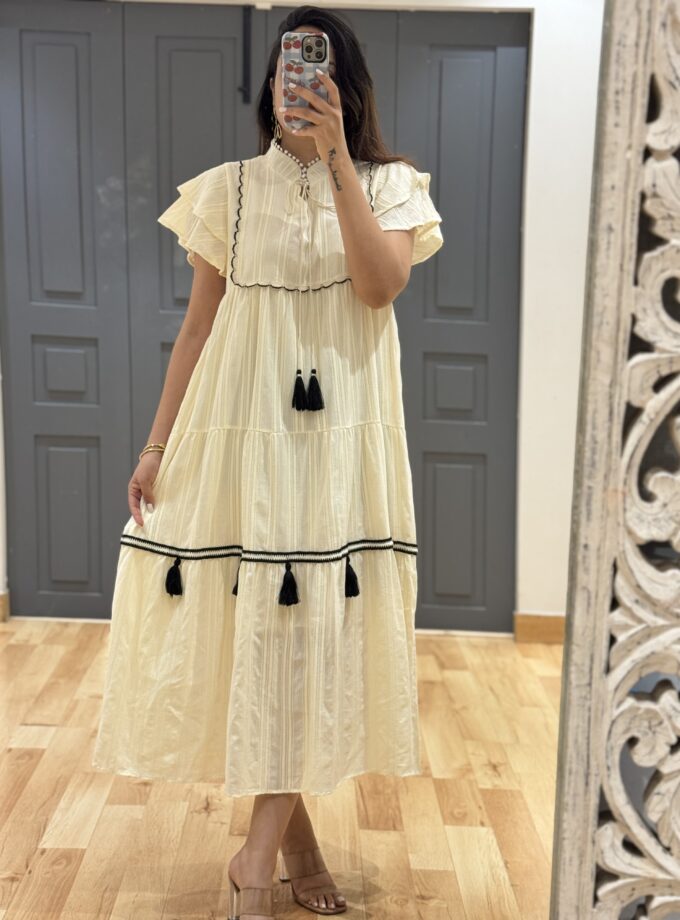 Ruffled Cap Sleeve Maxi Dress With Tussle Neck Ties