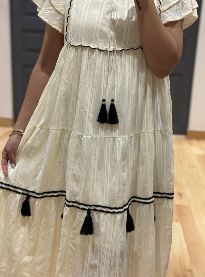 Ruffled Cap Sleeve Maxi Dress With Tussle Neck Ties
