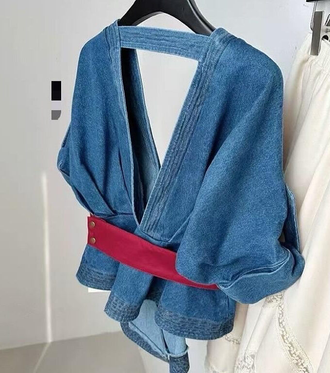 Denim Jacket With Bow Belt
