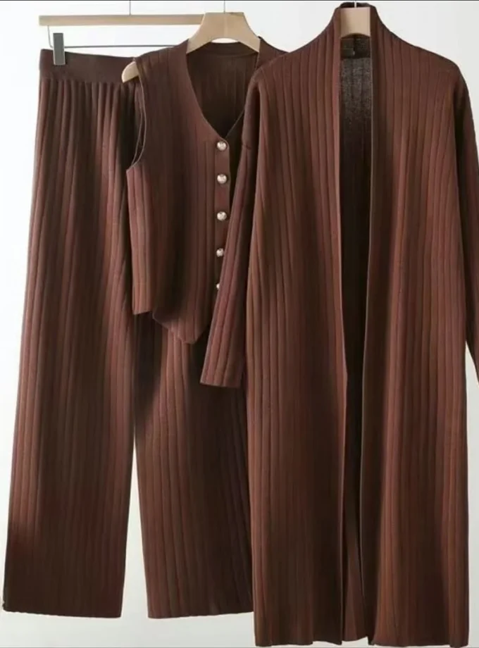 Jess three piece Knit long coat , top, Warm Pants Coord set