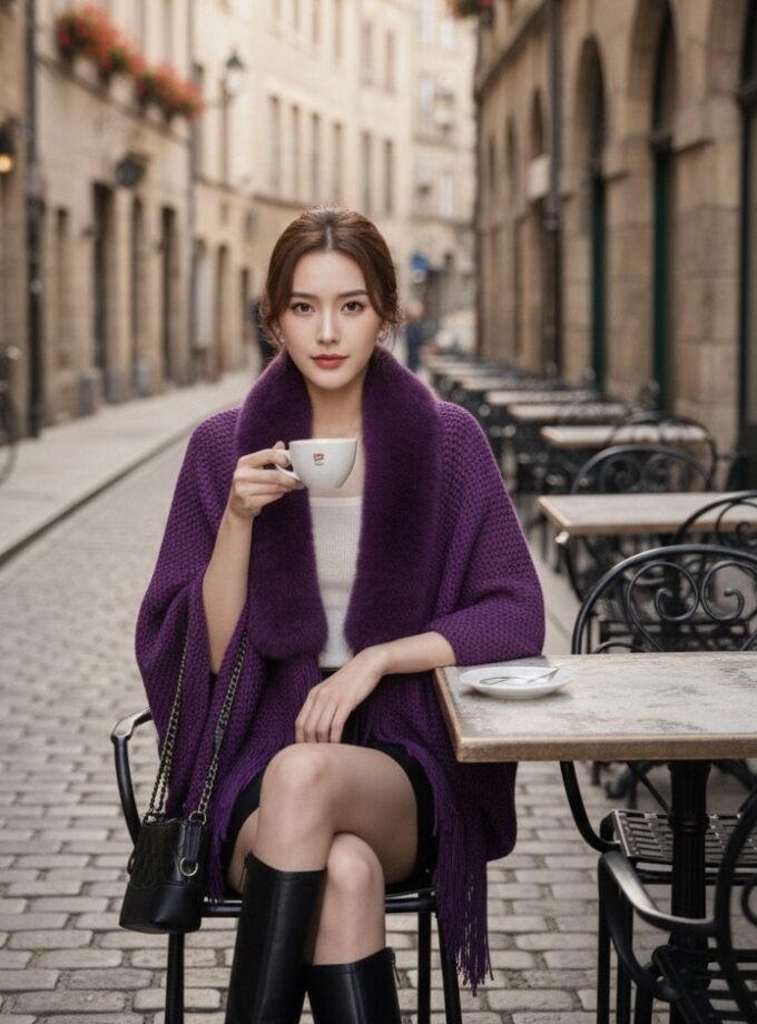 Libs Luxe Purple Wrap With Faux Fur & Fringes
