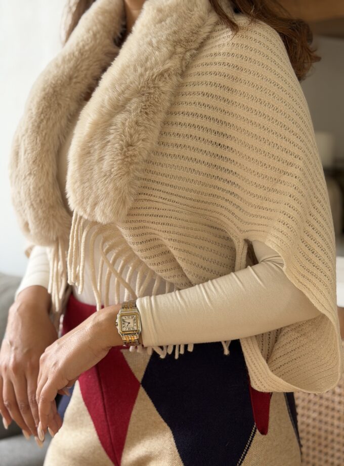 Libs Luxe Wrap With Faux Fur & Fringes