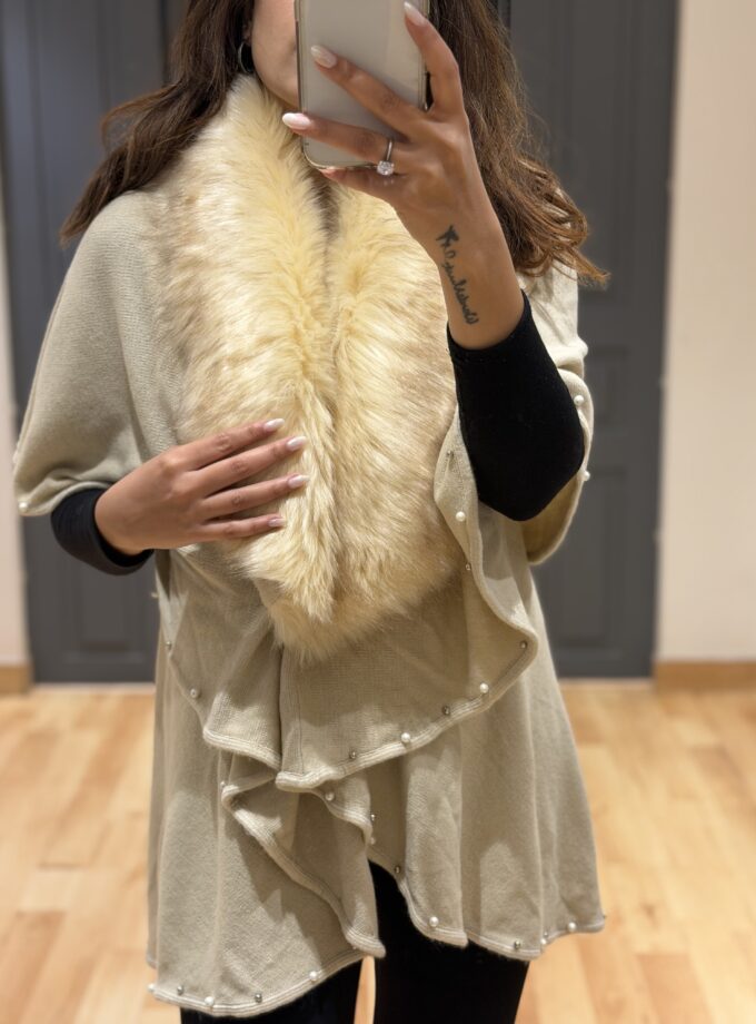 Faux Fur Pearl Embellished Cape