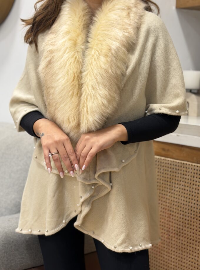 Faux Fur Pearl Embellished Cape