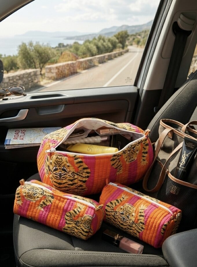 Quilted Handblock Printed Set of 3 Cosmetic - travel pouches with waterproof lining